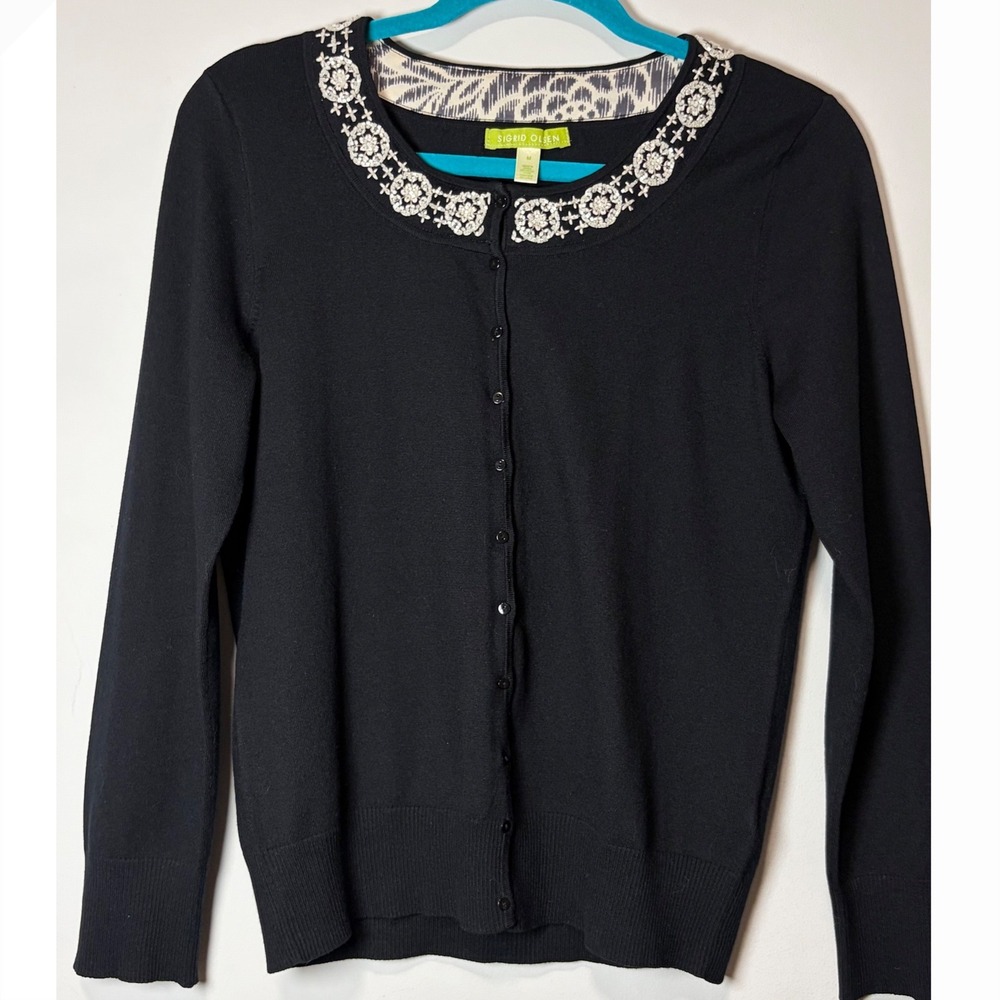 Sigrid Olsen Womens Black Silk Blend Beaded Embroidered Cardigan Sweater M